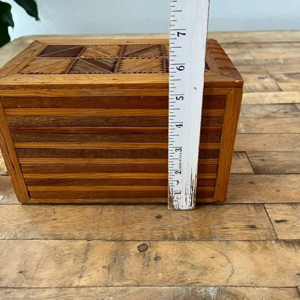 Handmade Vintage Jewelry Box Trinkets Folk Art Inlay Two Drawer Wooden 8.5